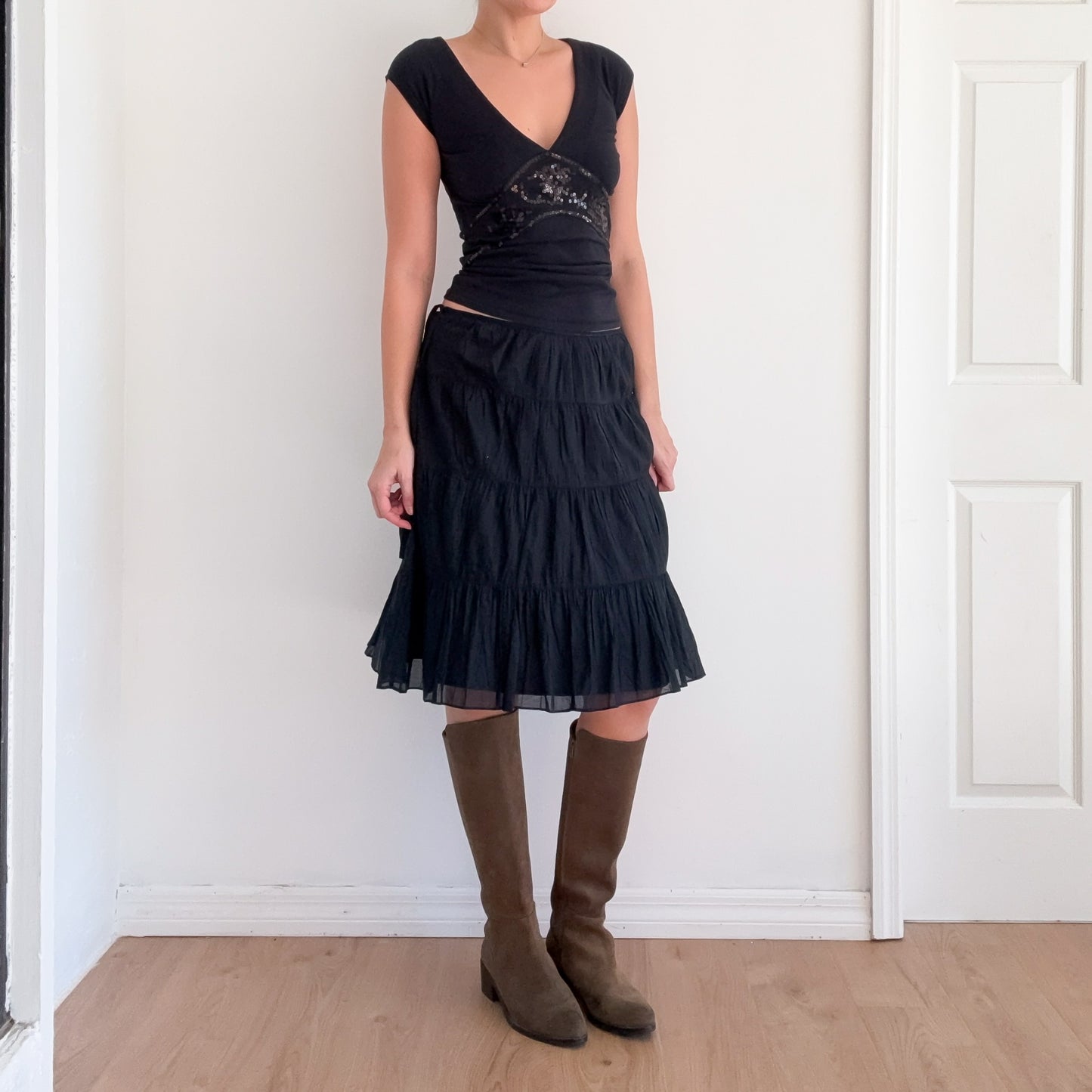 Y2K Black Cotton Tiered Midi Skirt / SZ S/M