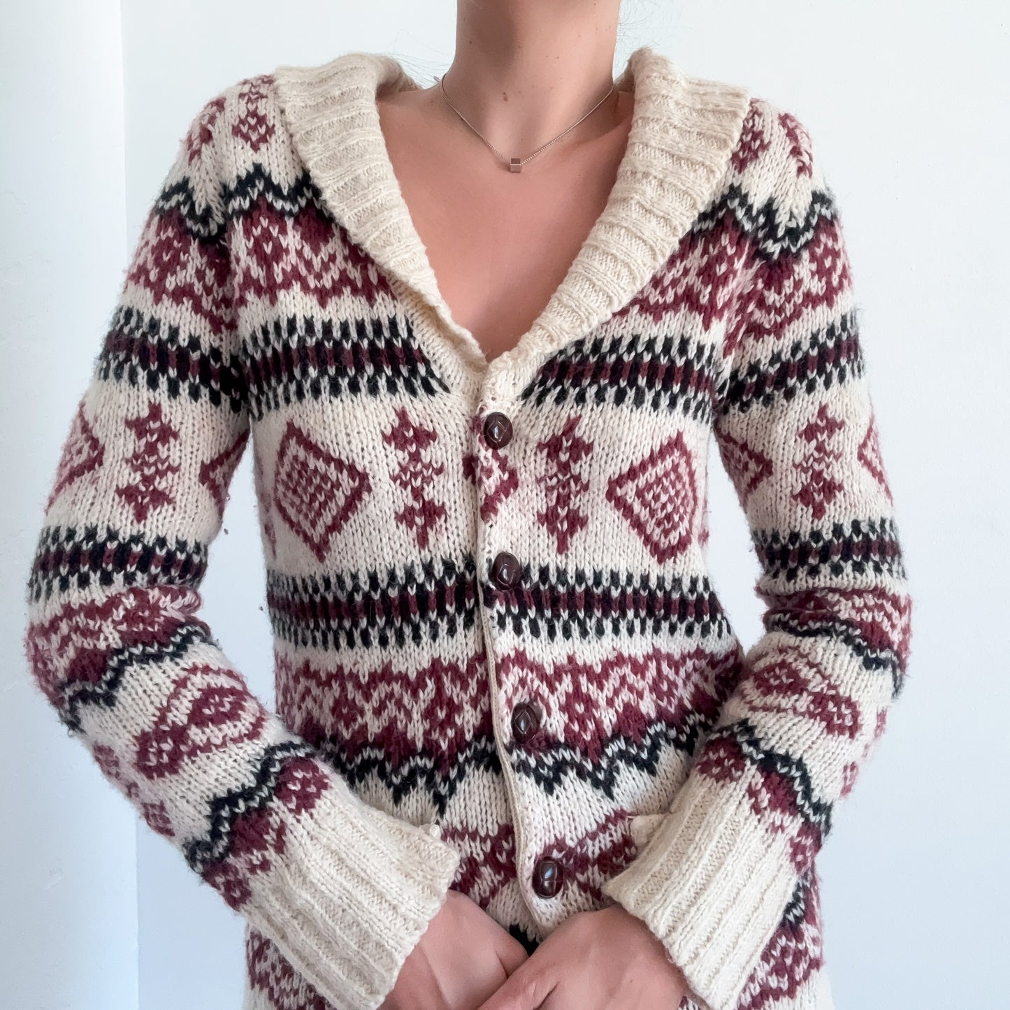 Y2K Ivory & Maroon Printed Knit Sweater Cardigan / SZ S