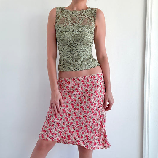 Y2K Pink & Cream Floral Midi Skirt / SZ S-L