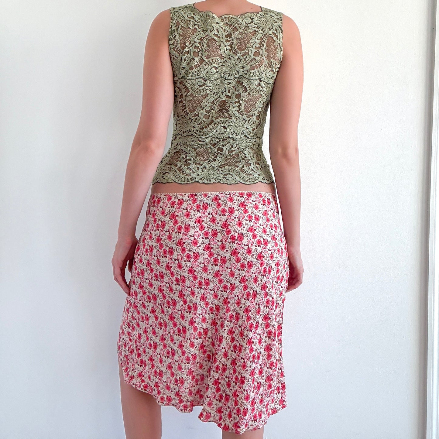 Y2K Pink & Cream Floral Midi Skirt / SZ S-L