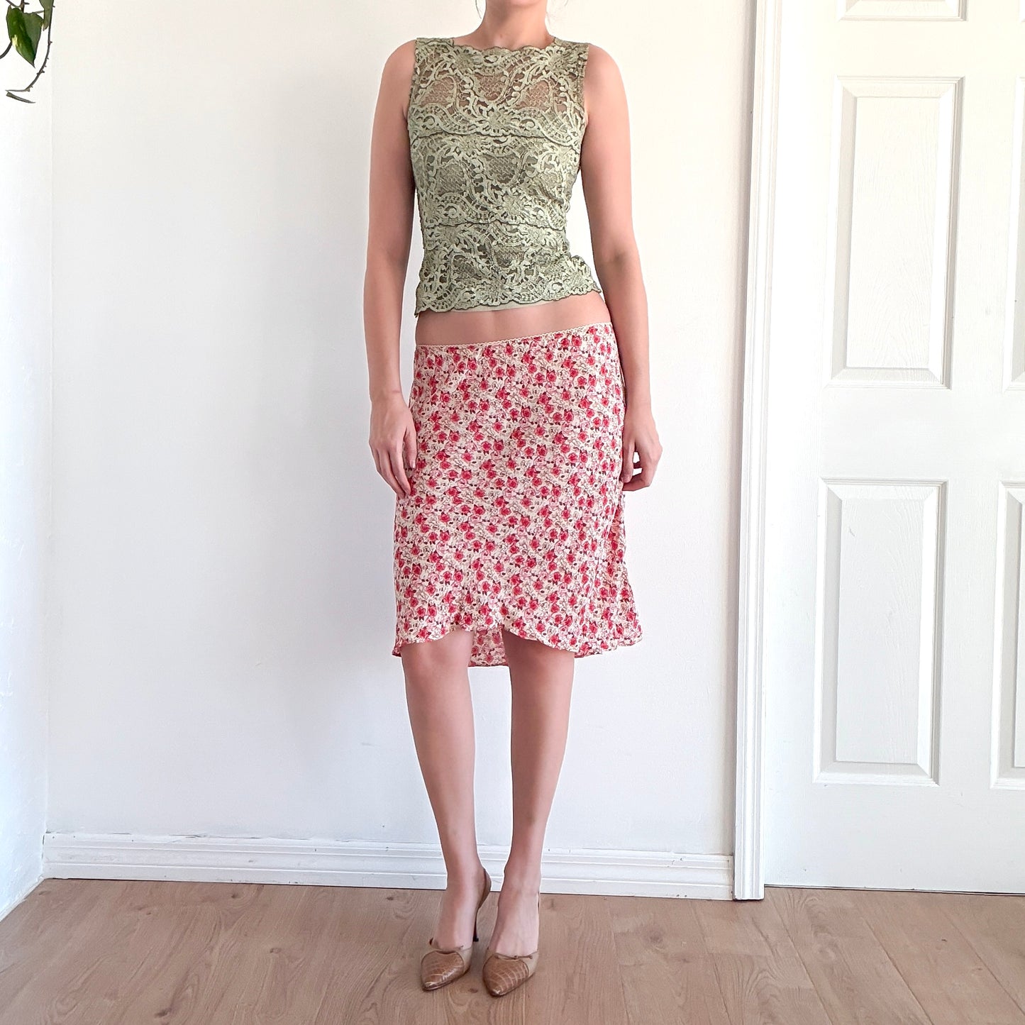 Y2K Pink & Cream Floral Midi Skirt / SZ S-L