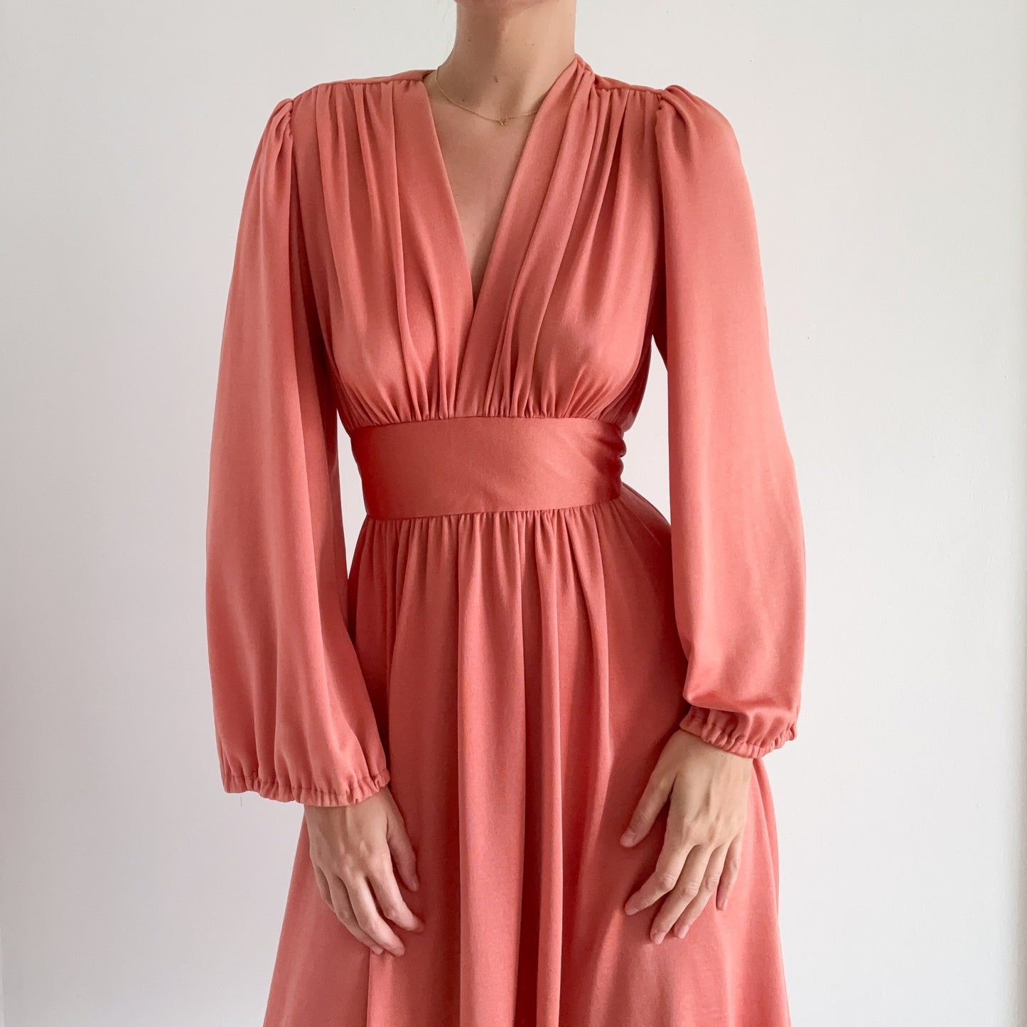 70's Salmon Balloon Sleeve Tie Dress / SZ S-M
