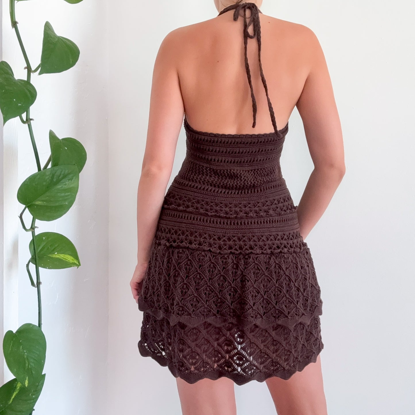 Y2K Brown Crochet Halter Dress / SZ M