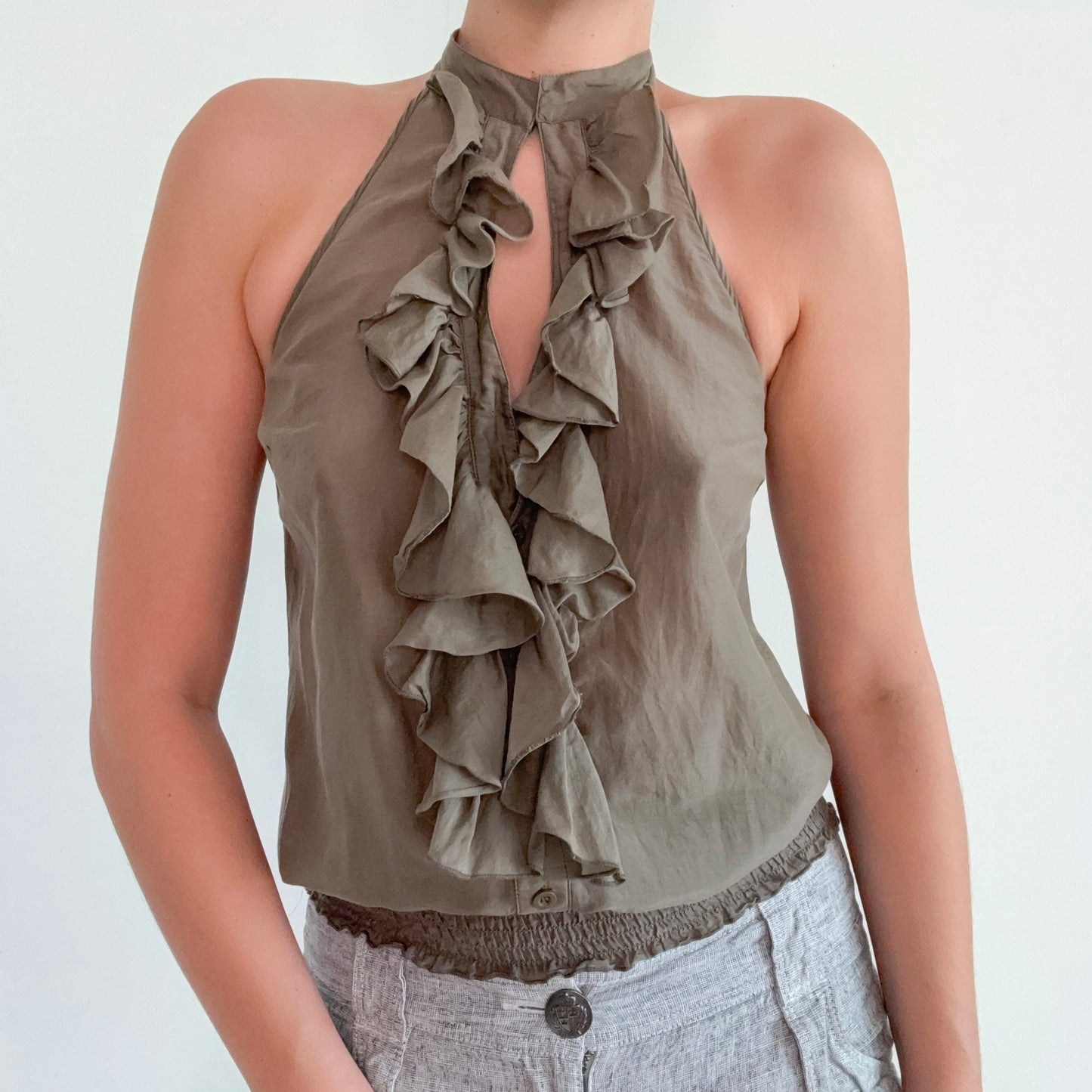 2010's Olive Ruffle Halter Blouse / SZ S