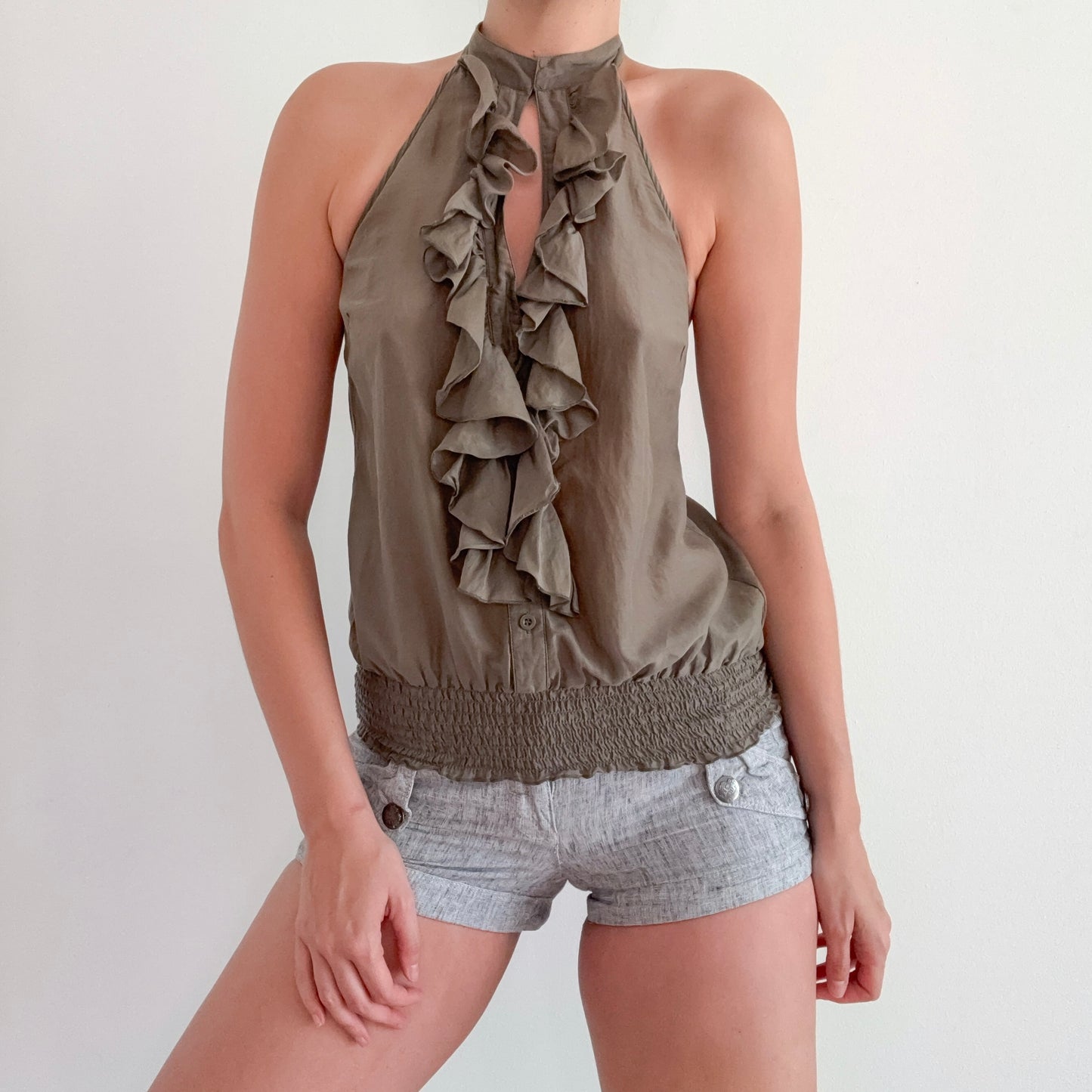 2010's Olive Ruffle Halter Blouse / SZ S