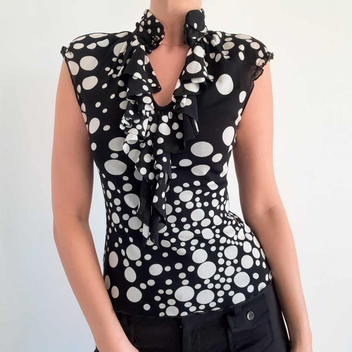 Y2K Black & White Dot Mesh Top / SZ S