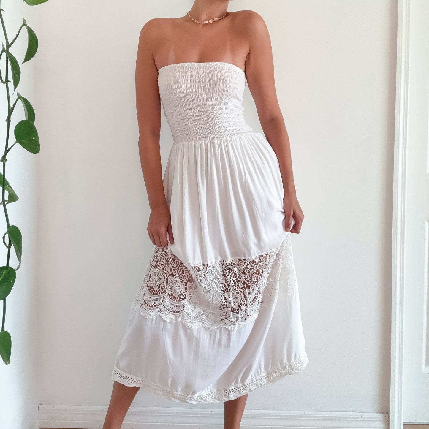 Y2K White Smocked Lace Maxi Sundress / SZ M