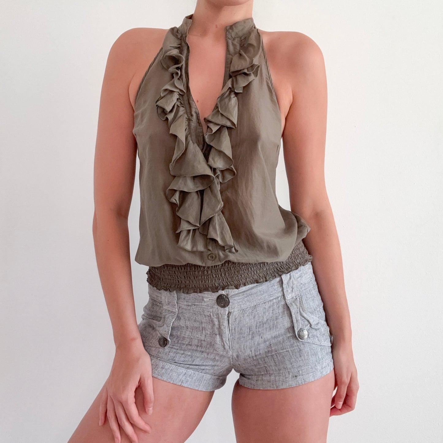 2010's Olive Ruffle Halter Blouse / SZ S