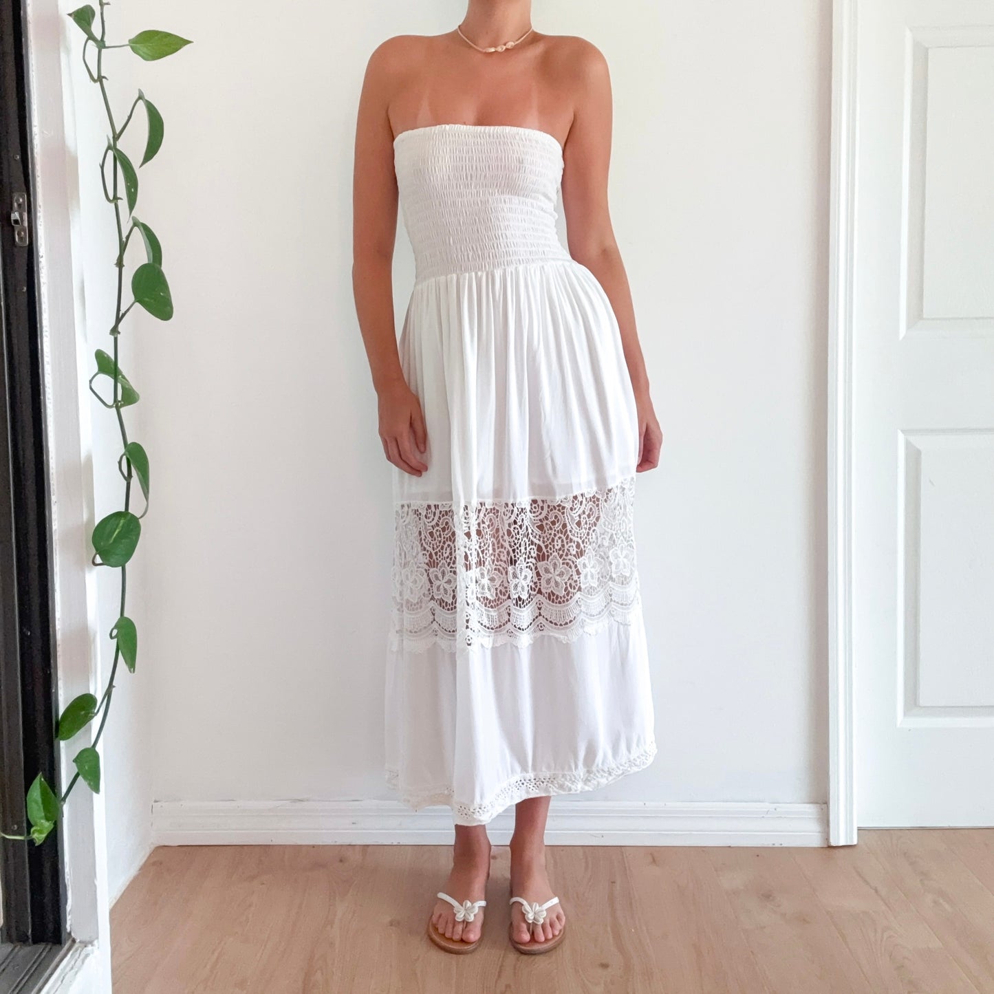 Y2K White Smocked Lace Maxi Sundress / SZ M