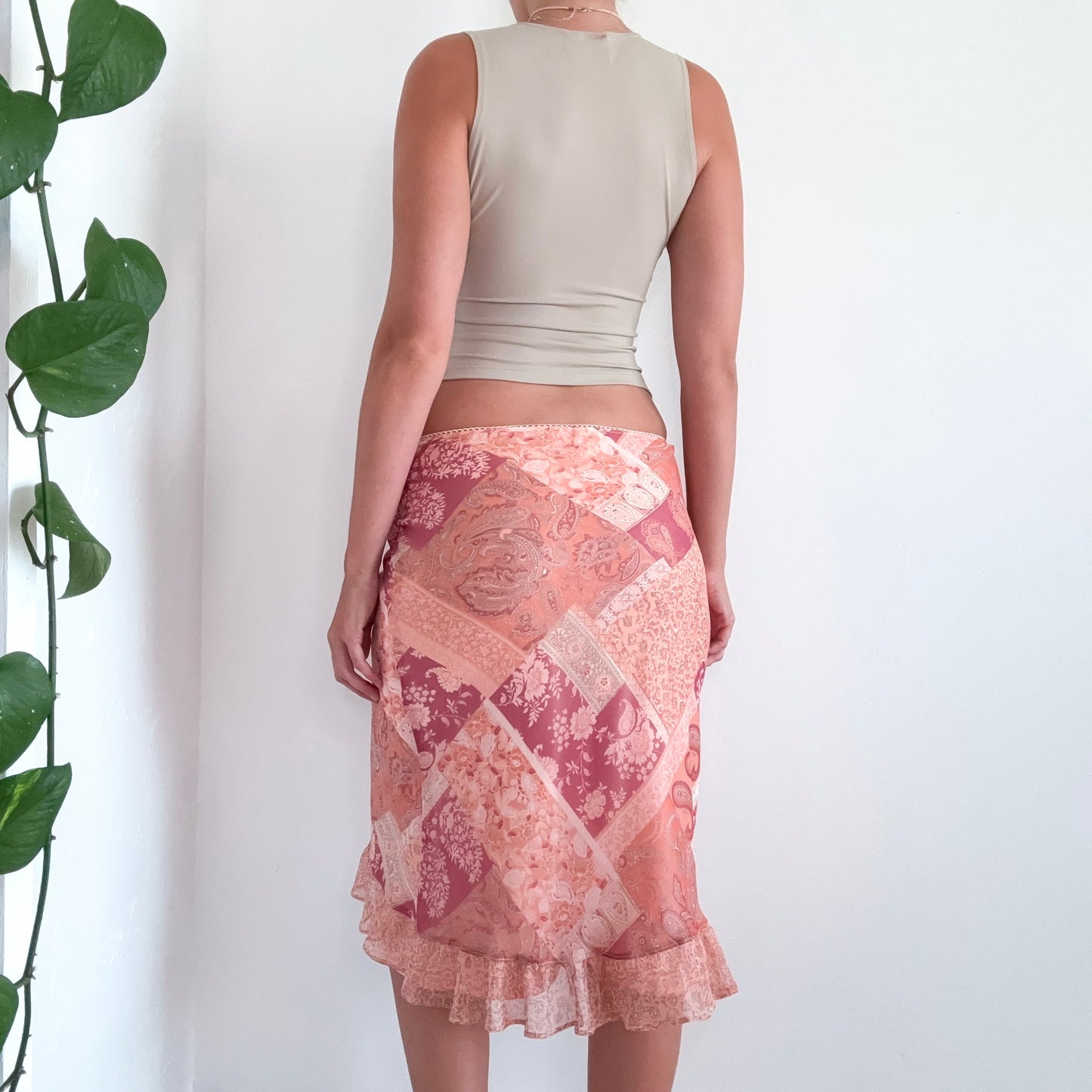 Y2K Magenta & Salmon Paisley Midi Skirt / SZ XS-S
