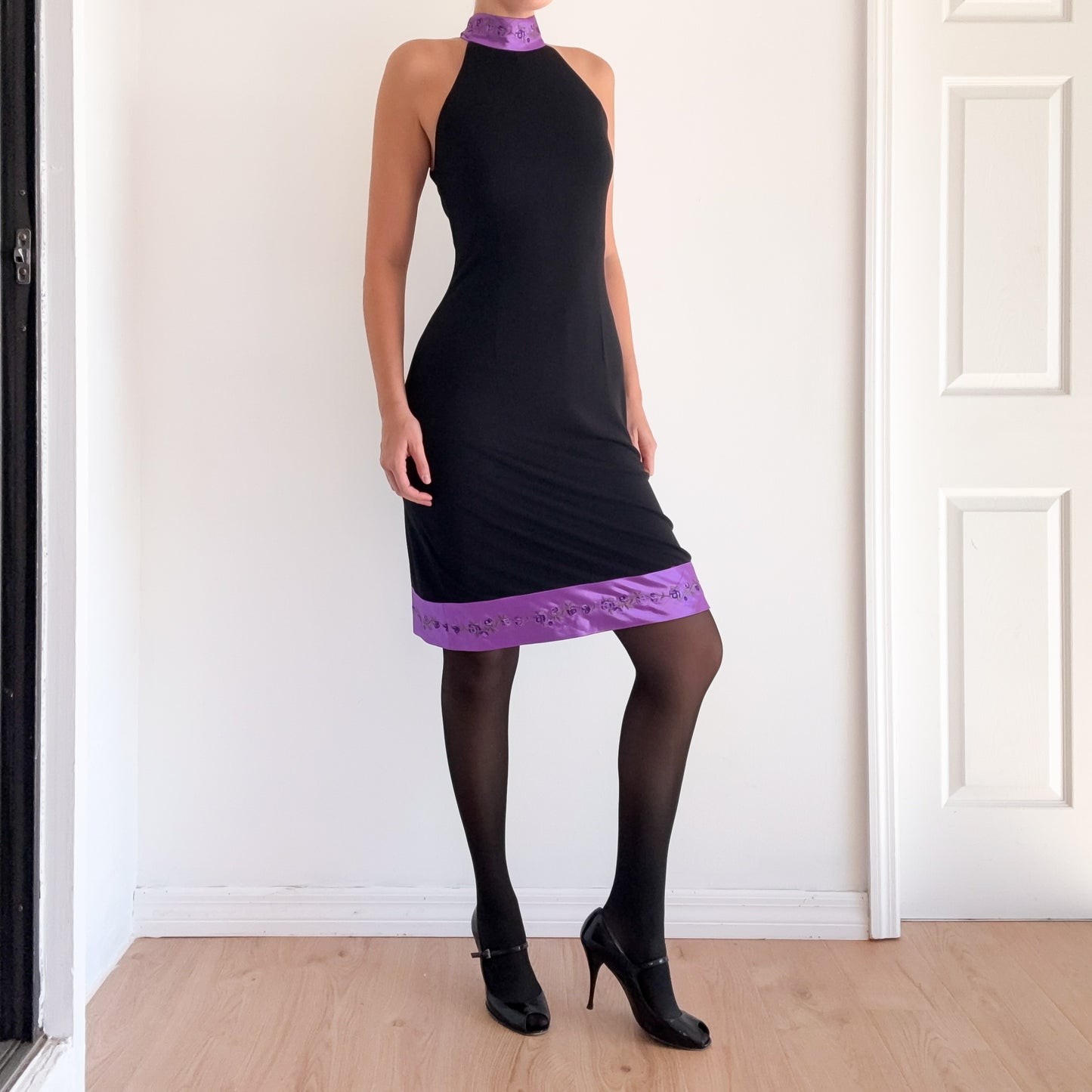 90's Black & Purple Embroidered Midi Dress / SZ 6-8