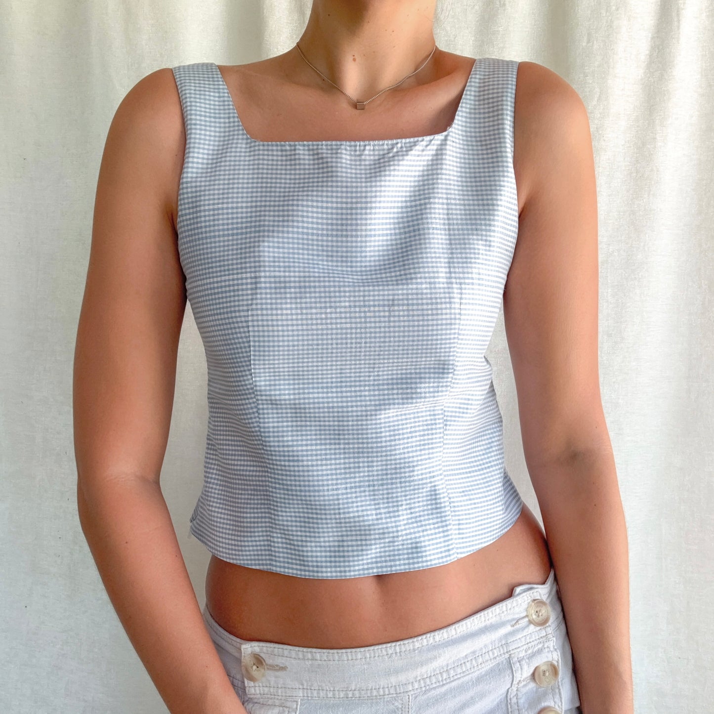 90's Blue Gingham Silky Top / SZ S