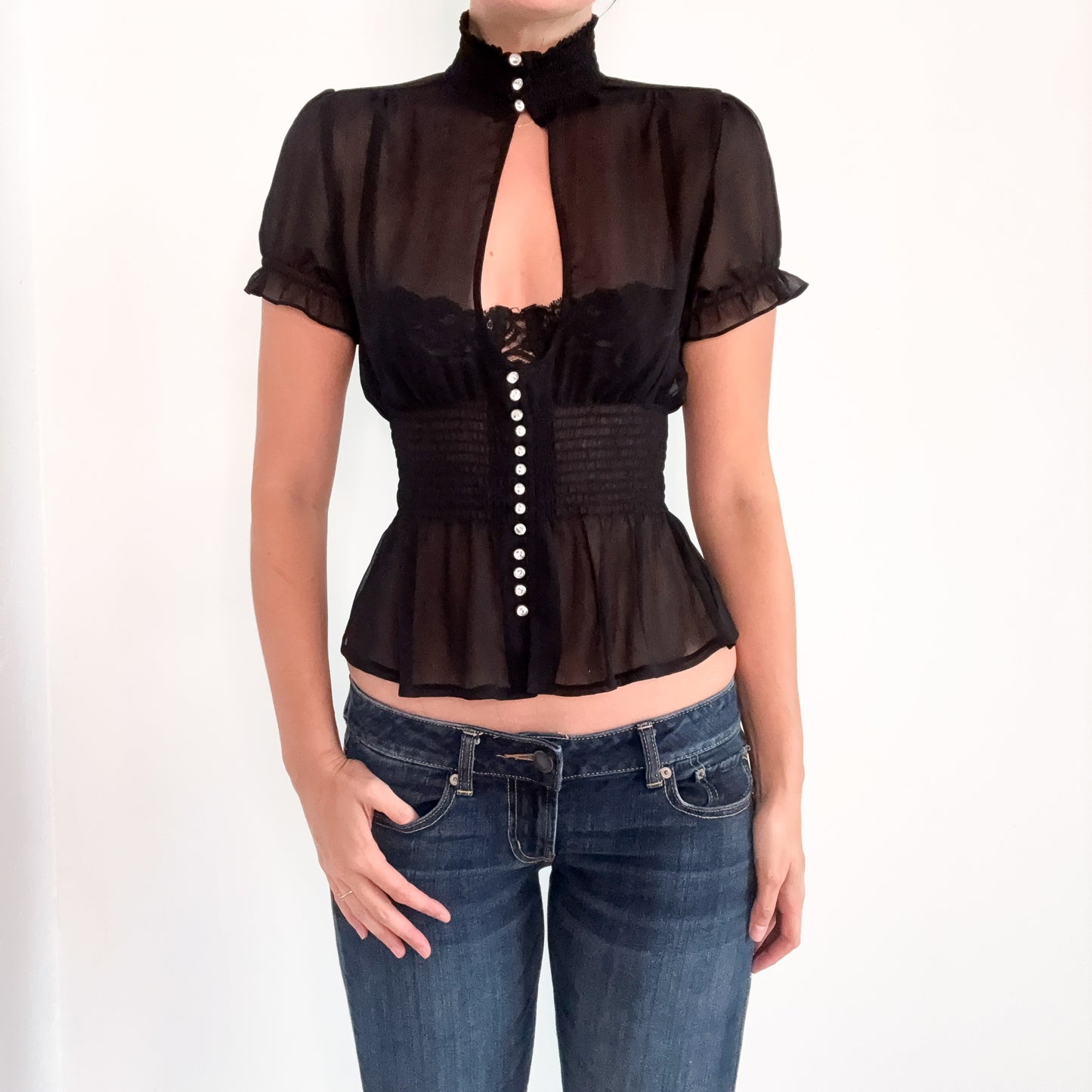 Y2K Black Sheer Diamond Button Blouse / SZ S-M