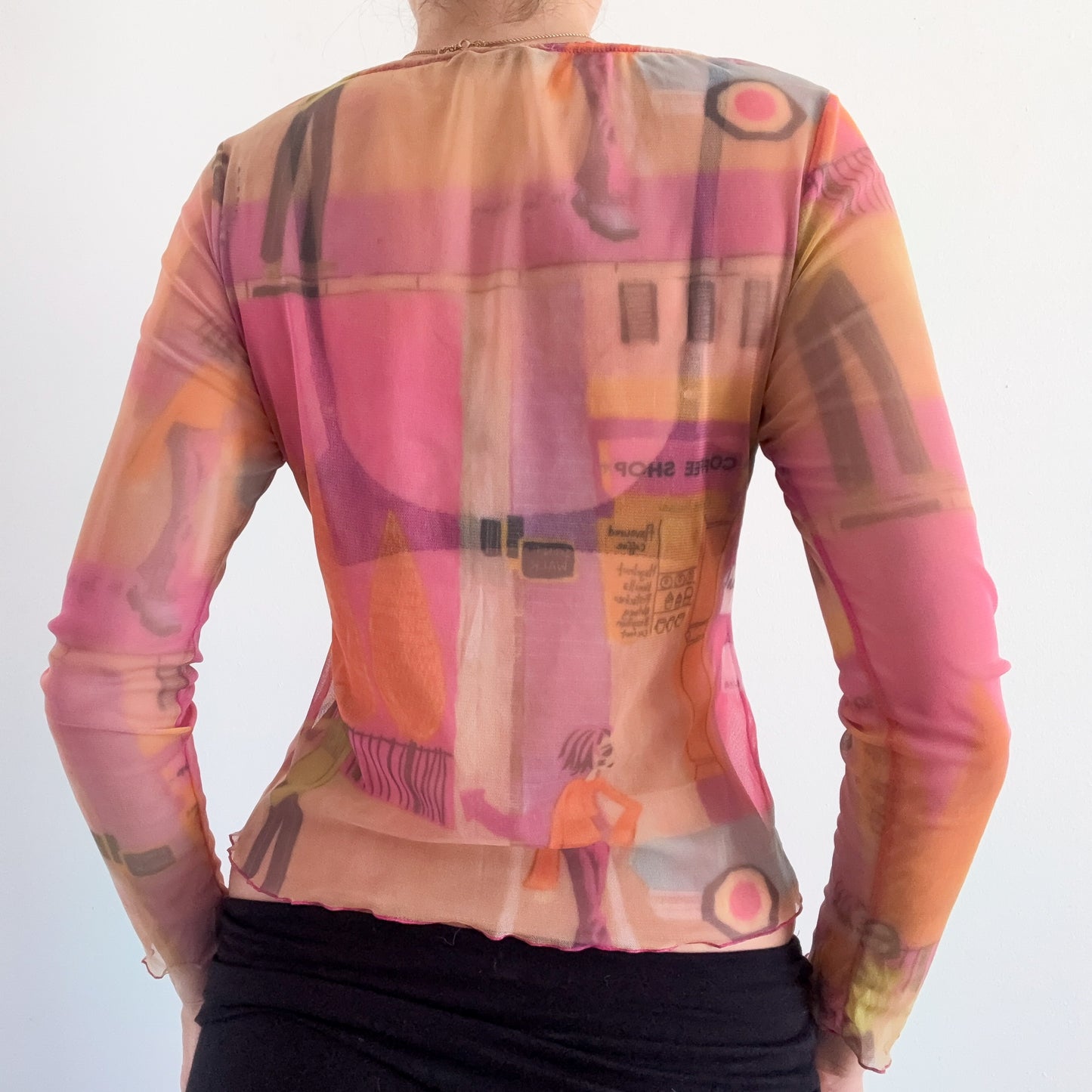 Y2K French Pink & Orange Printed Mesh Top / SZ M
