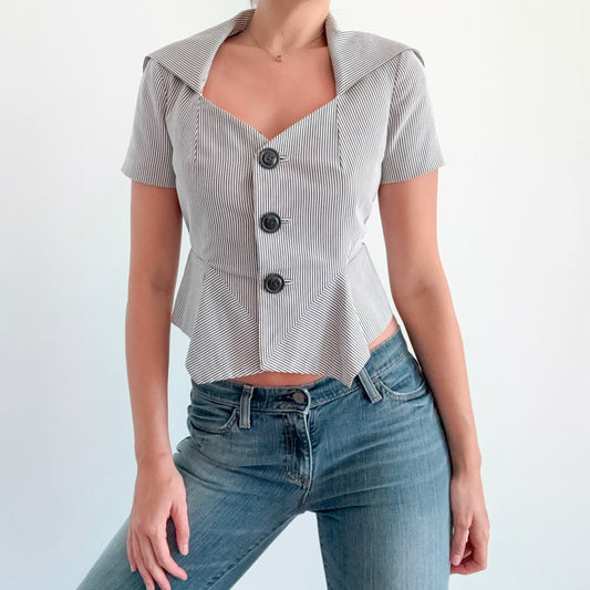 Y2K Blue Seersucker Short Sleeve Jacket / SZ 4