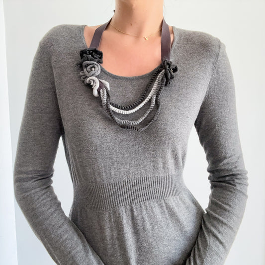 Y2K Grey Knit Rosette Babydoll Mini Dress / SZ M