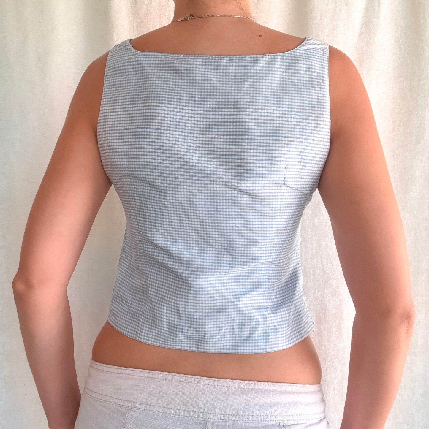 90's Blue Gingham Silky Top / SZ S