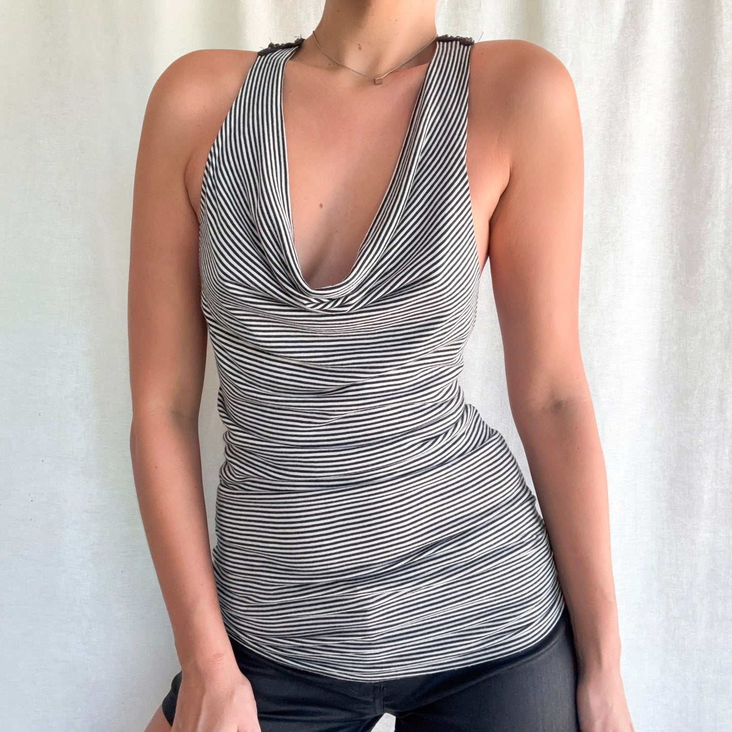 Y2K B&W Striped Crochet Draped Tunic / SZ S