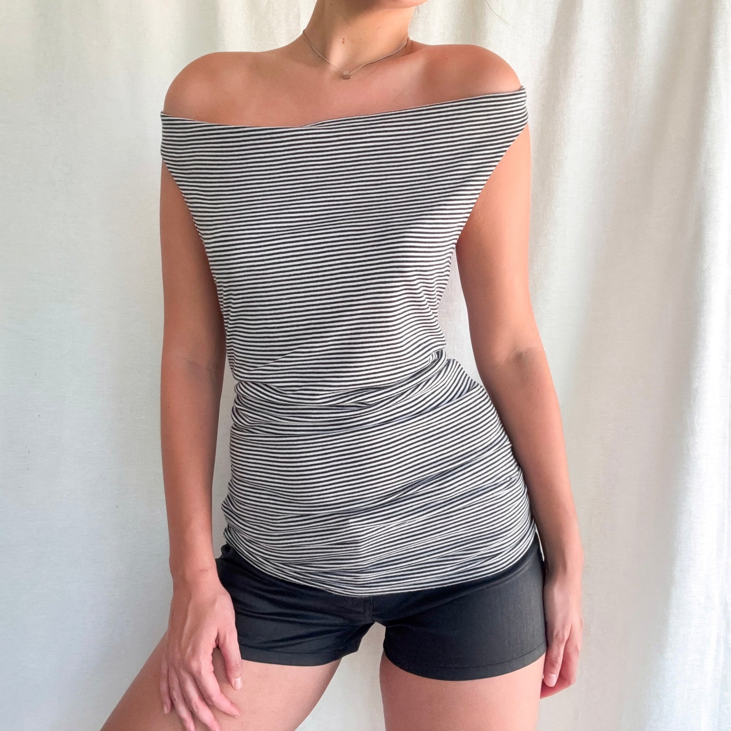 Y2K B&W Striped Crochet Draped Tunic / SZ S