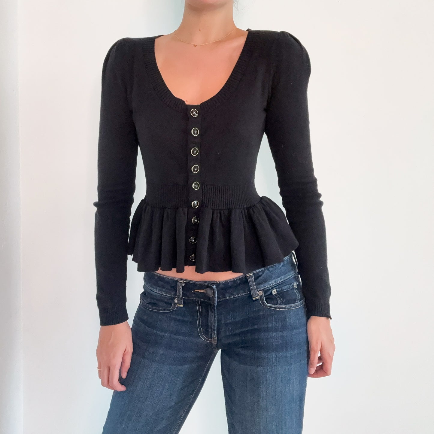 Y2K Betsey Johnson Black Knit Peplum Cardigan / SZ M
