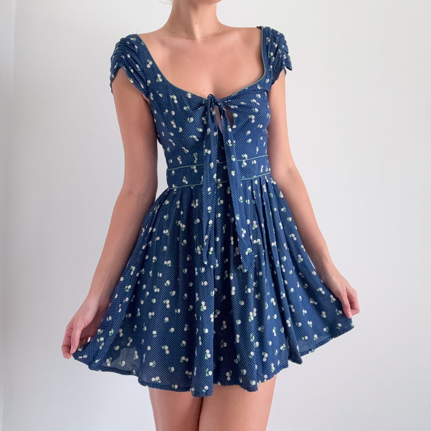 2010's Blue & Green Polka Dot Floral Dress / SZ S
