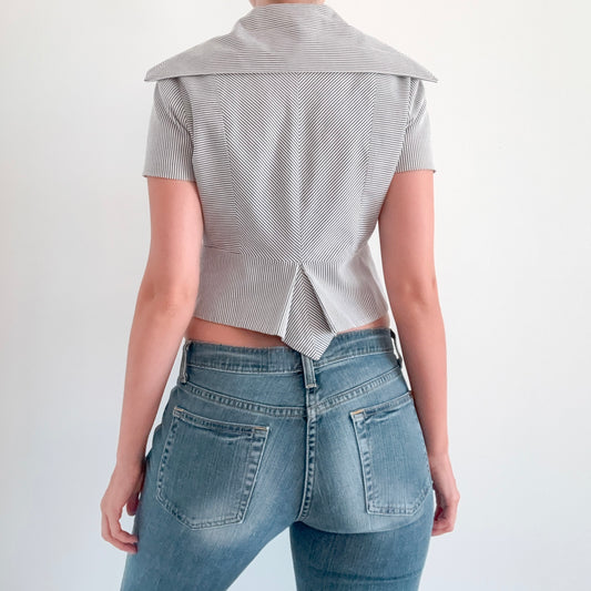 Y2K Blue Seersucker Short Sleeve Jacket / SZ 4