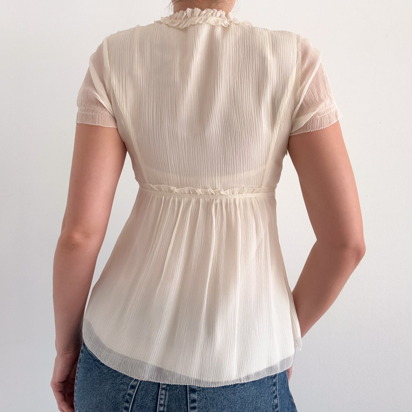 Y2K J.Crew Cream Silk Ruffle Blouse / SZ 0/2