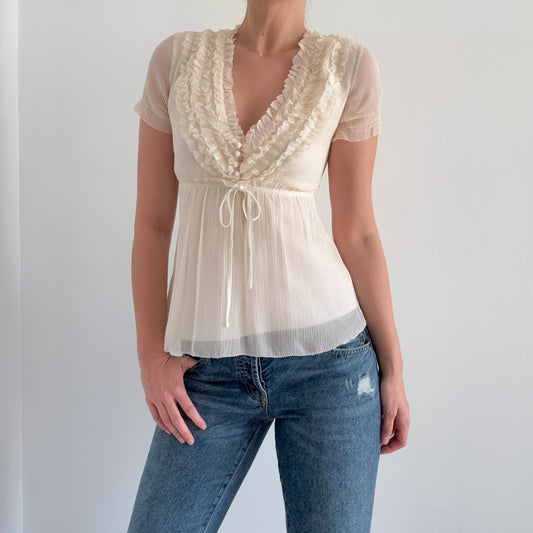 Y2K J.Crew Cream Silk Ruffle Blouse / SZ 0/2