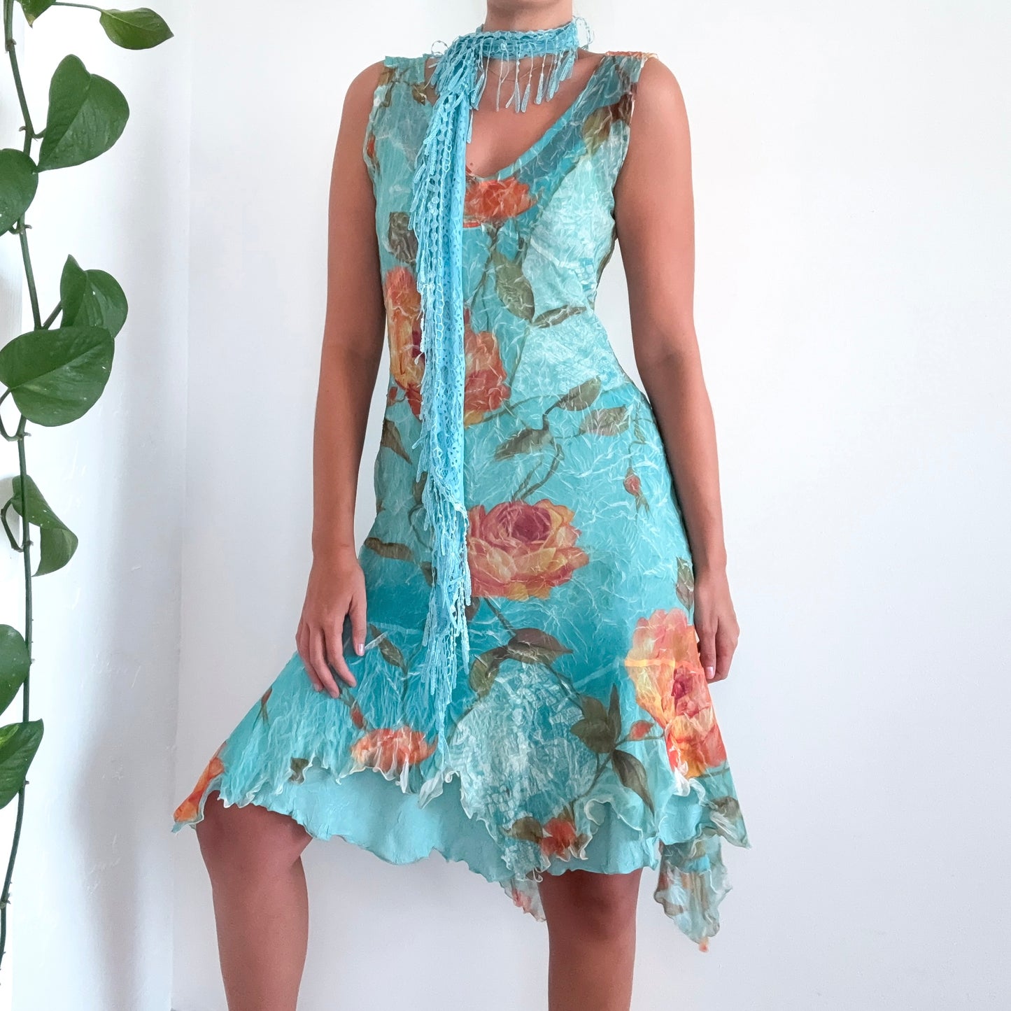 Y2K Turquoise & Orange Crinkle Pleat Floral Dress / SZ M