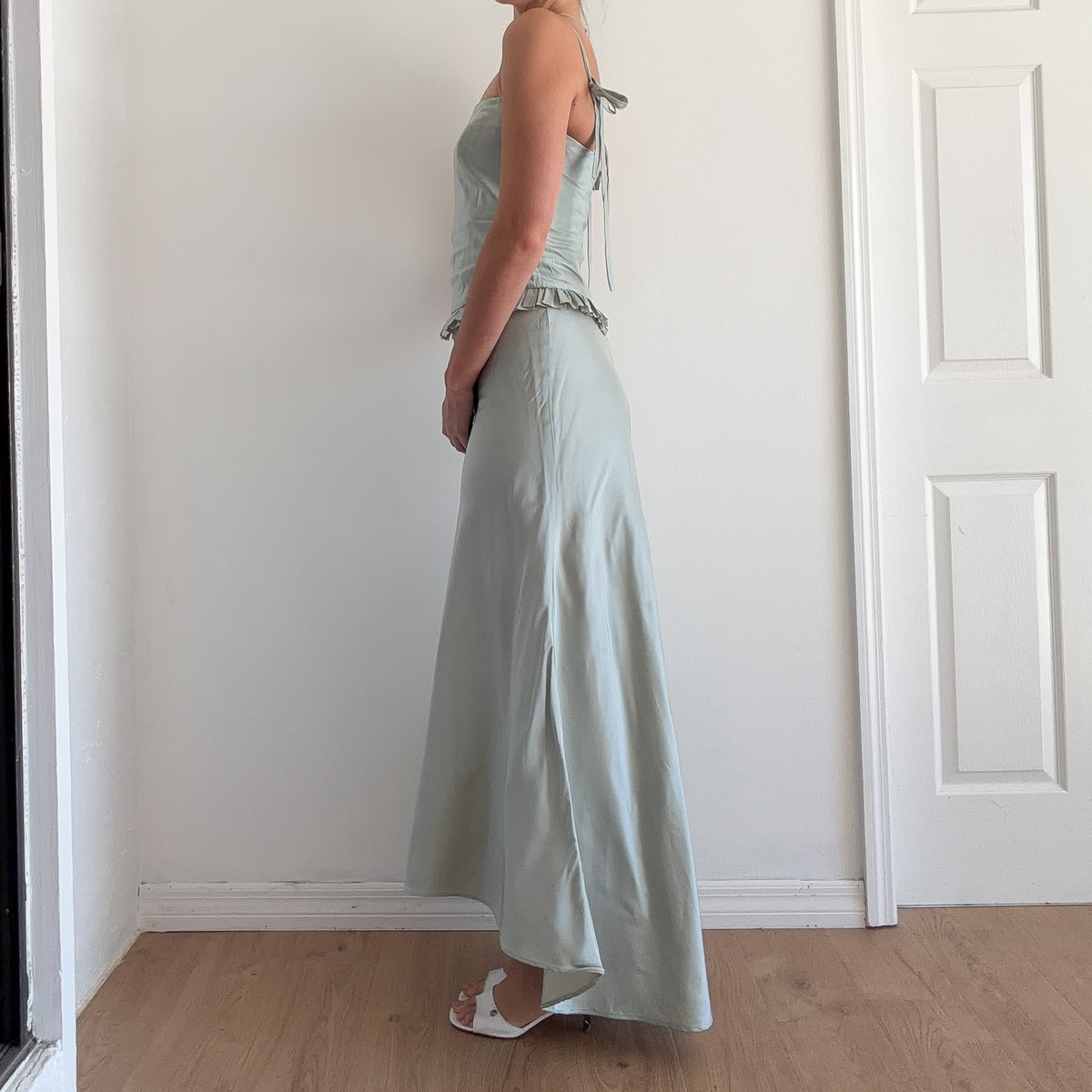 90's Sky Blue Taffeta Ruffle Evening Dress / SZ 2