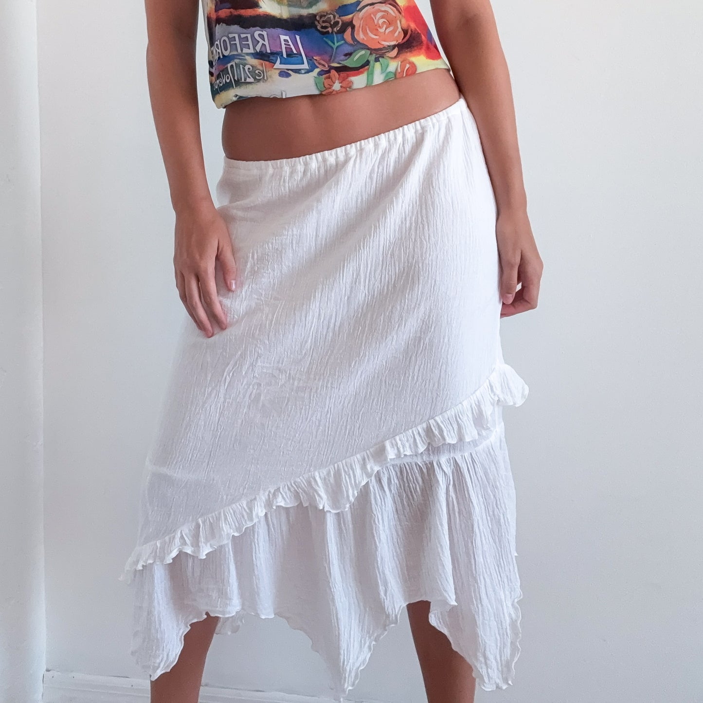 Y2K White Cotton Gauzy Midi Skirt / SZ XS-M