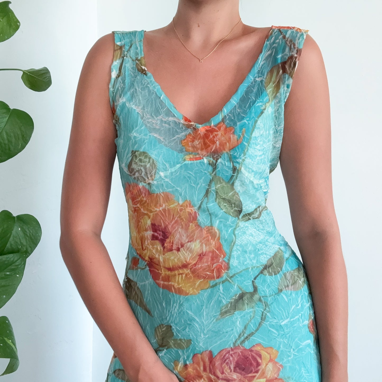 Y2K Turquoise & Orange Crinkle Pleat Floral Dress / SZ M