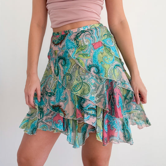 Y2K Blue & Pink Paisley Silk Skirt / SZ 4