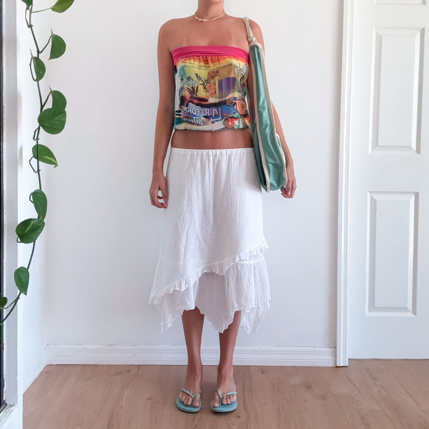 Y2K White Cotton Gauzy Midi Skirt / SZ XS-M