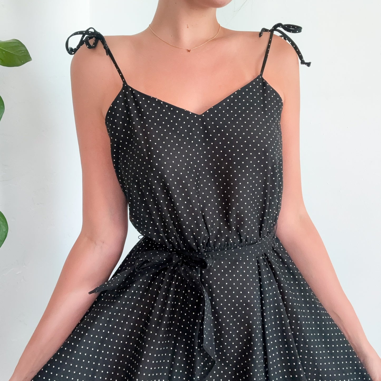 70's Black Polka Dot Tie Mini Dress / SZ M