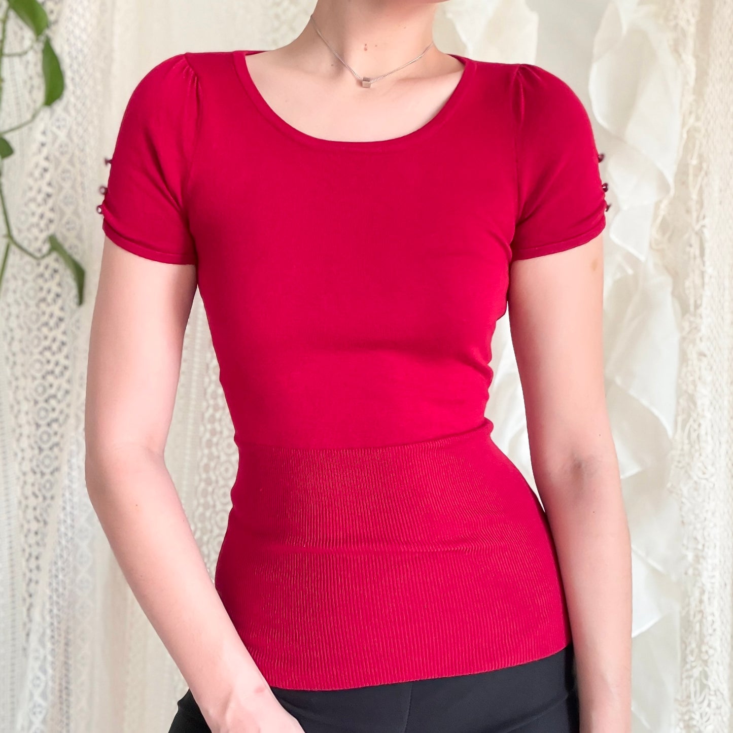 Y2K Crimson Knit Short Sleeve Top / SZ XS-S