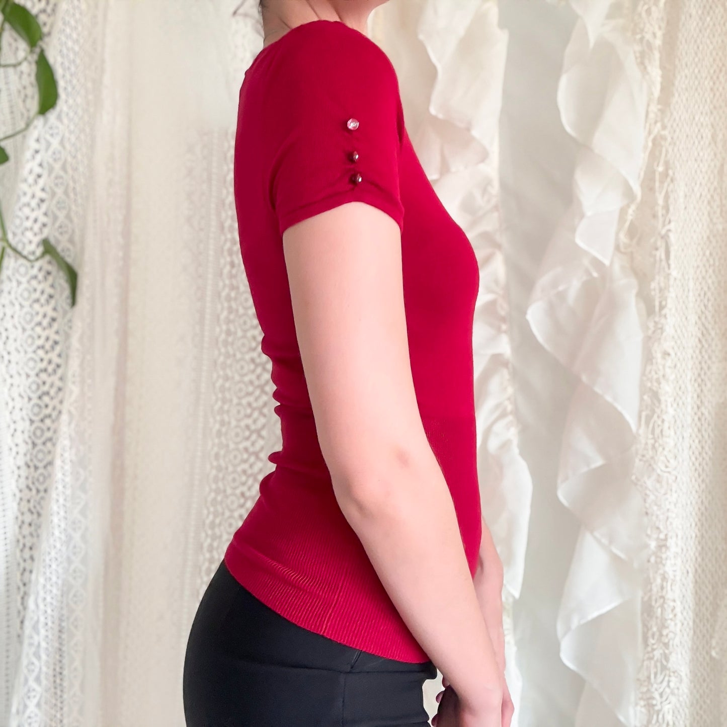 Y2K Crimson Knit Short Sleeve Top / SZ XS-S