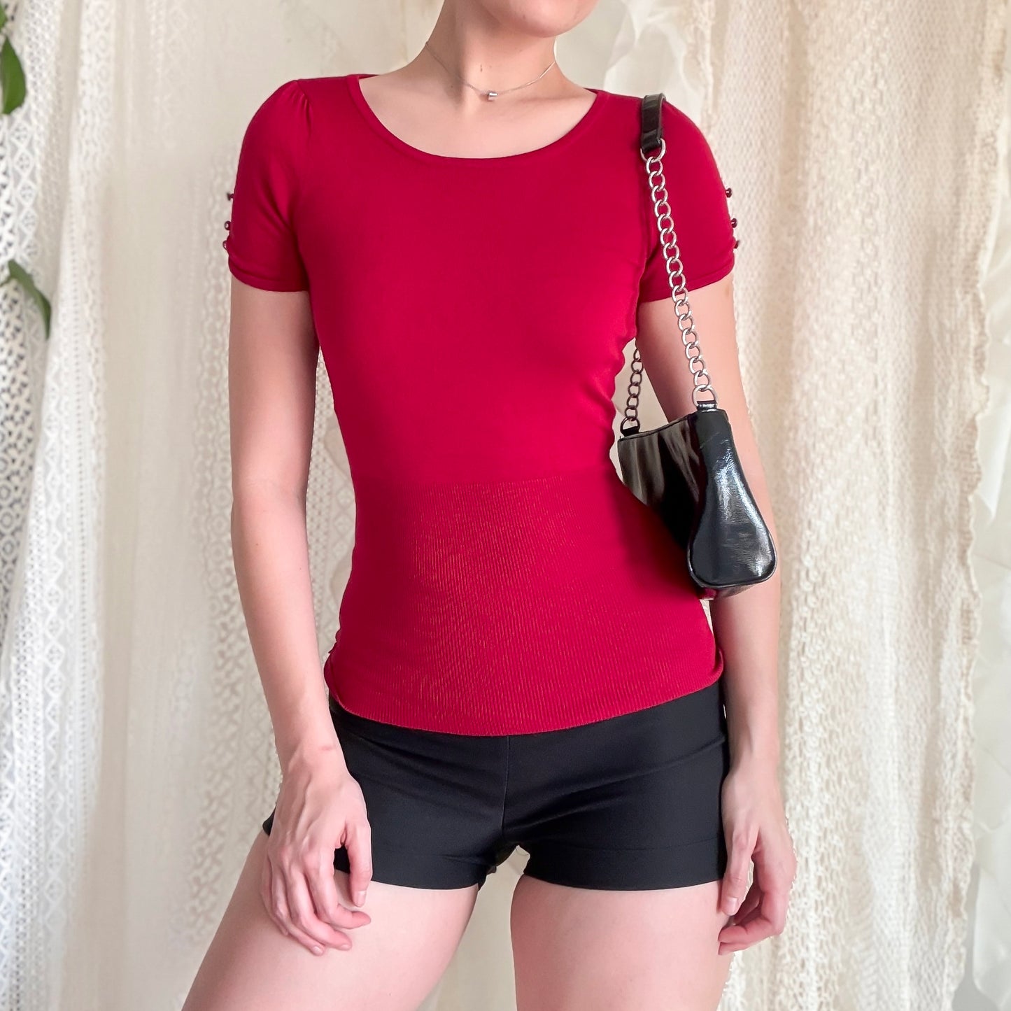 Y2K Crimson Knit Short Sleeve Top / SZ XS-S