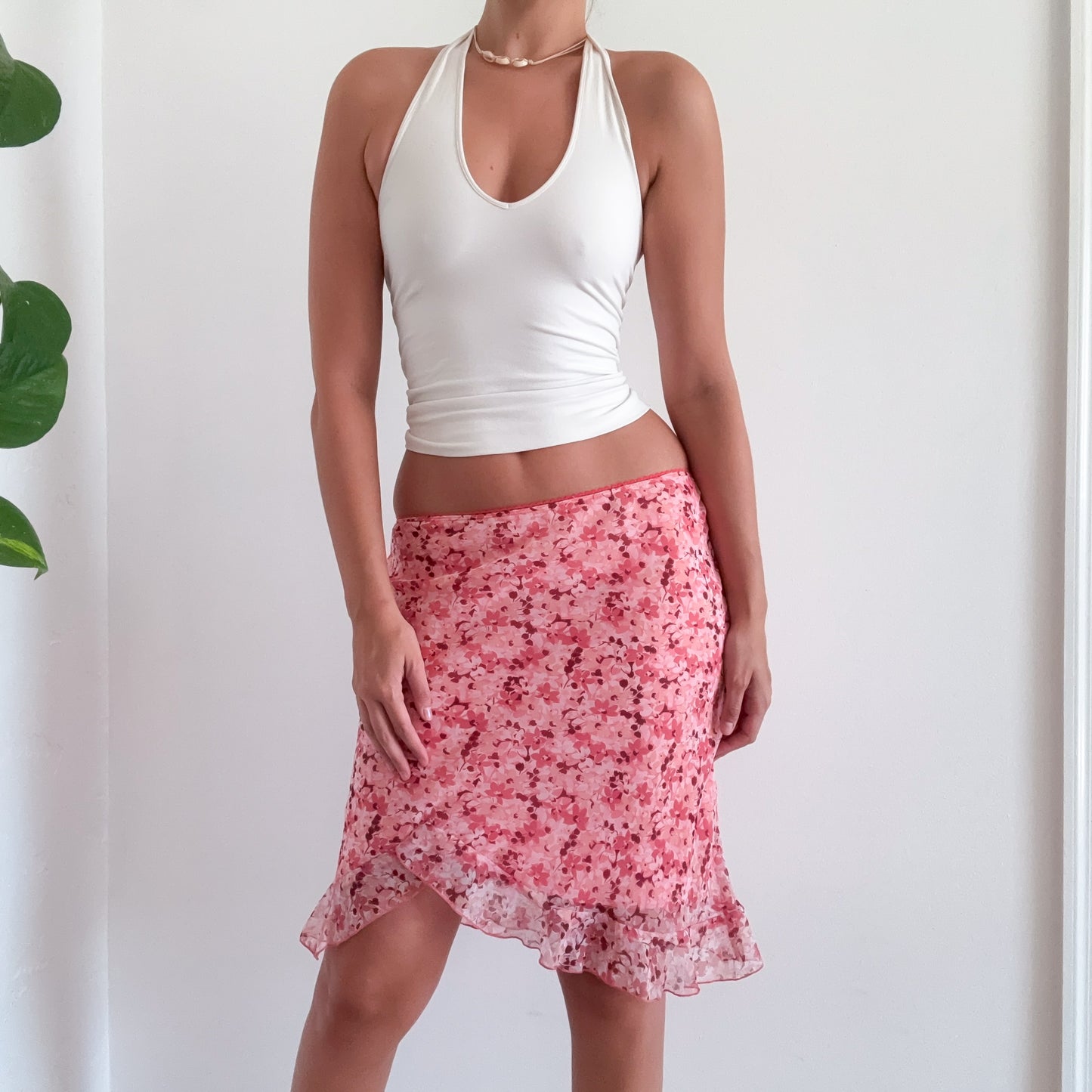 Y2K Pink Floral Chiffon Midi Skirt / SZ XS-S