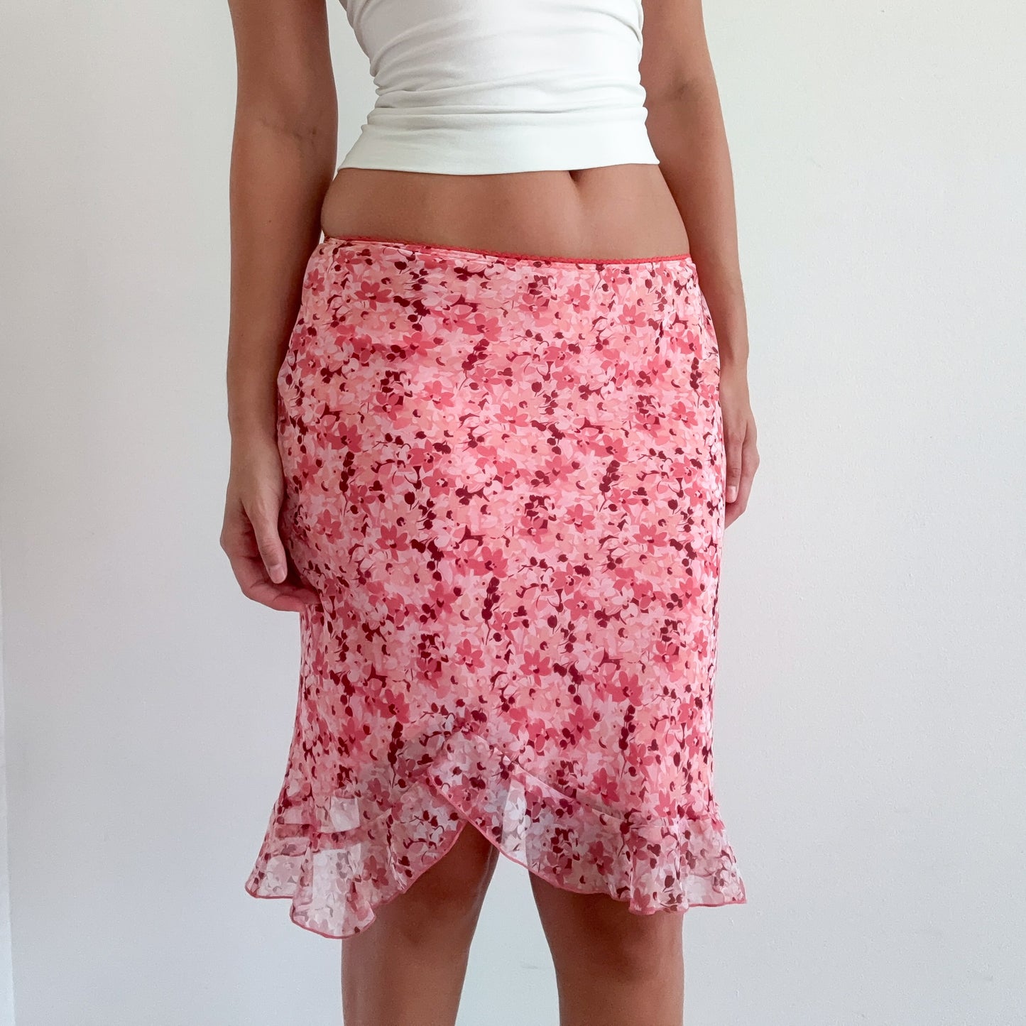 Y2K Pink Floral Chiffon Midi Skirt / SZ XS-S