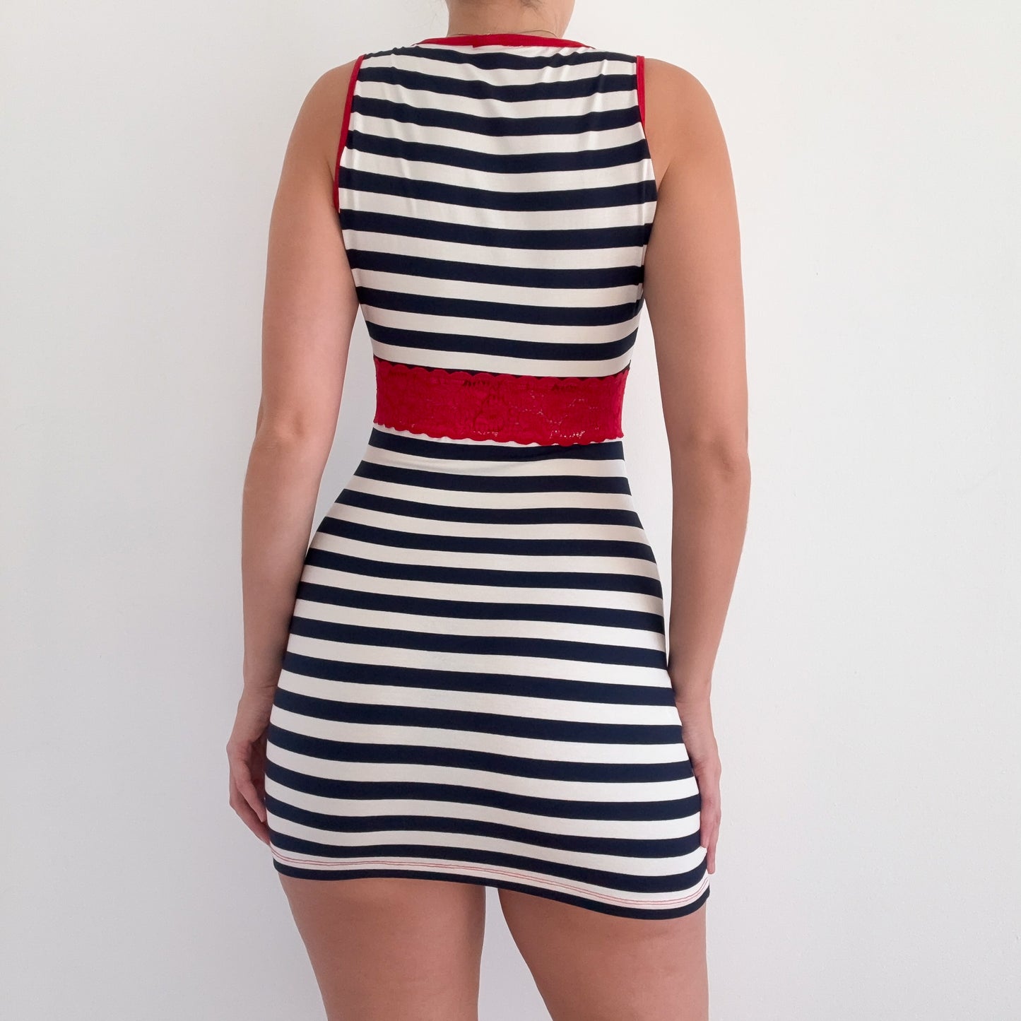 Y2K Navy White & Red Striped Lace Dress / SZ S