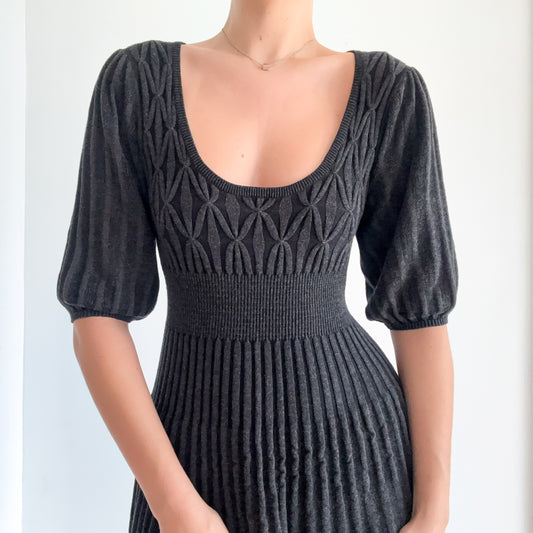 Y2K Grey Pleated Knit Balloon Sleeve Sweater Dress / SZ S