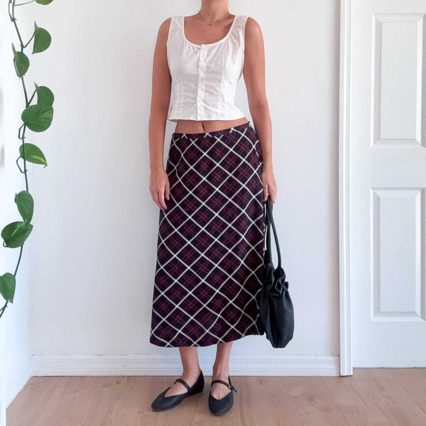 90's Navy & Red Plaid Maxi Skirt / SZ M/L