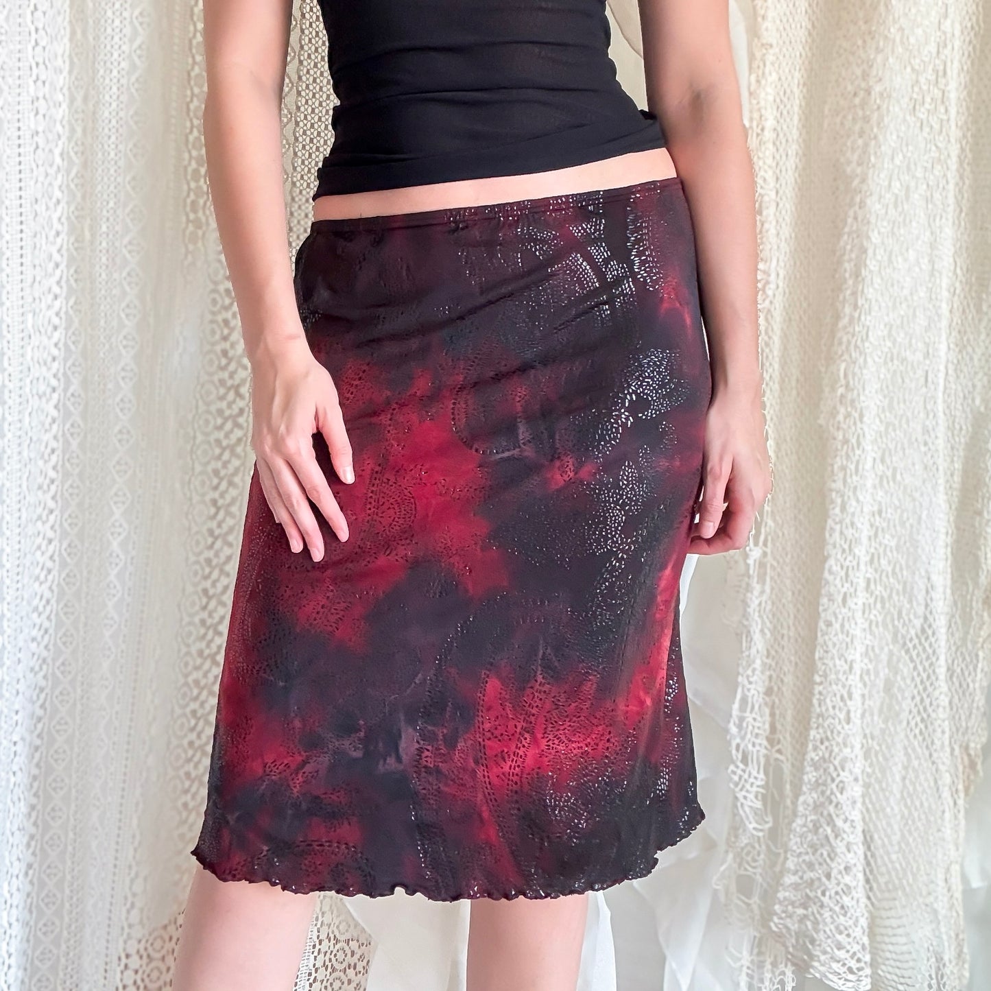 Y2K Burgundy & Black Printed Midi Skirt / SZ M-L