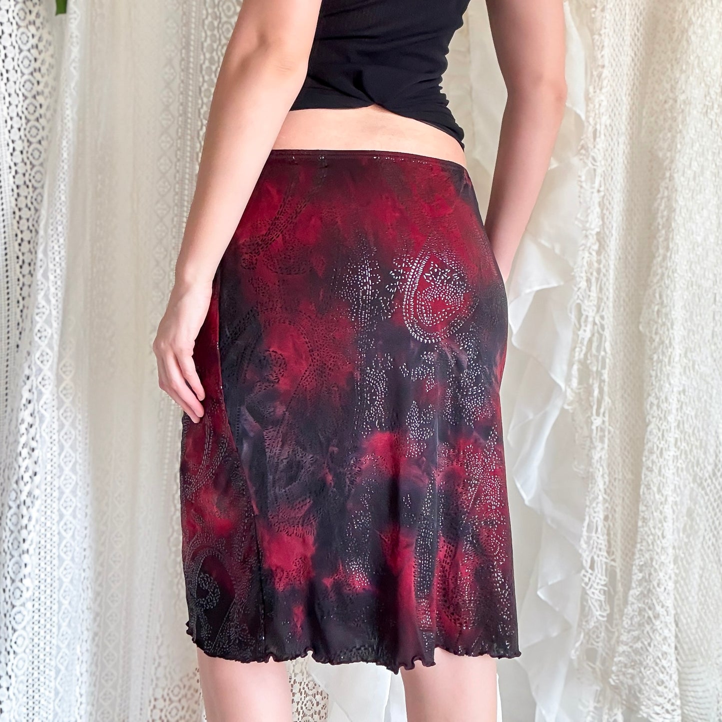 Y2K Burgundy & Black Printed Midi Skirt / SZ M-L