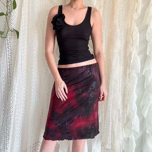 Y2K Burgundy & Black Printed Midi Skirt / SZ M-L