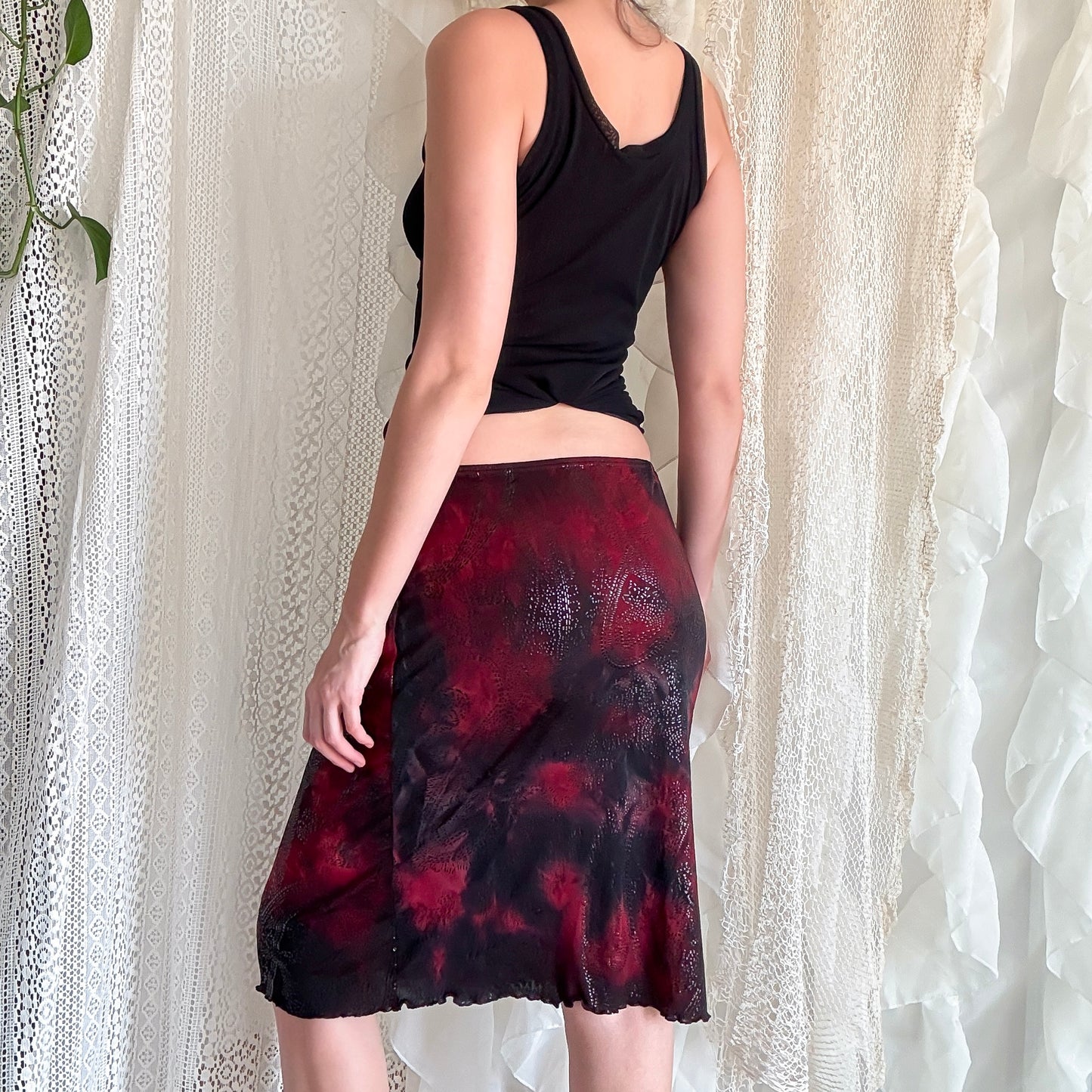 Y2K Burgundy & Black Printed Midi Skirt / SZ M-L