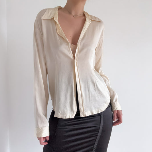 90's Cream Silk Button Up Blouse / SZ L