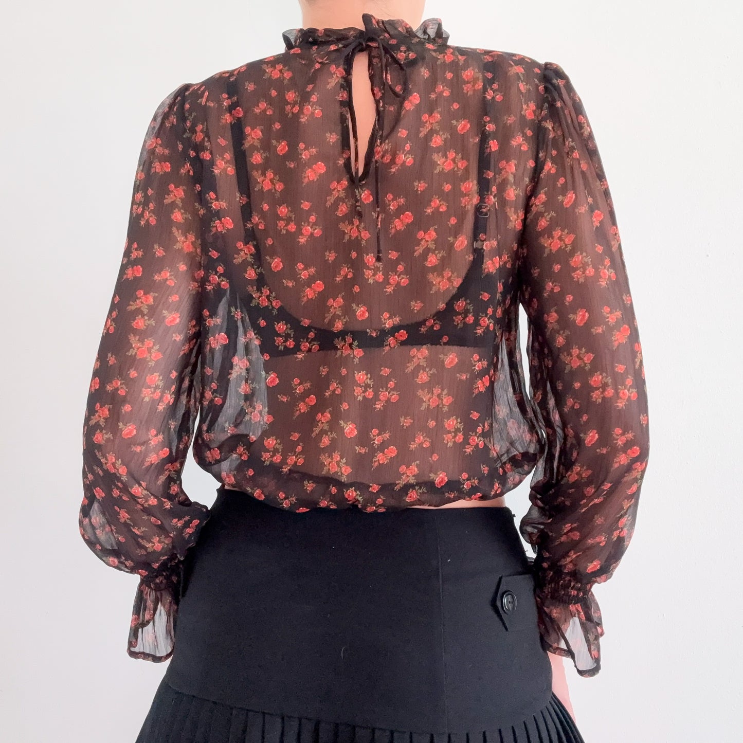 Contemporary Black & Red Floral Chiffon Blouse / SZ M