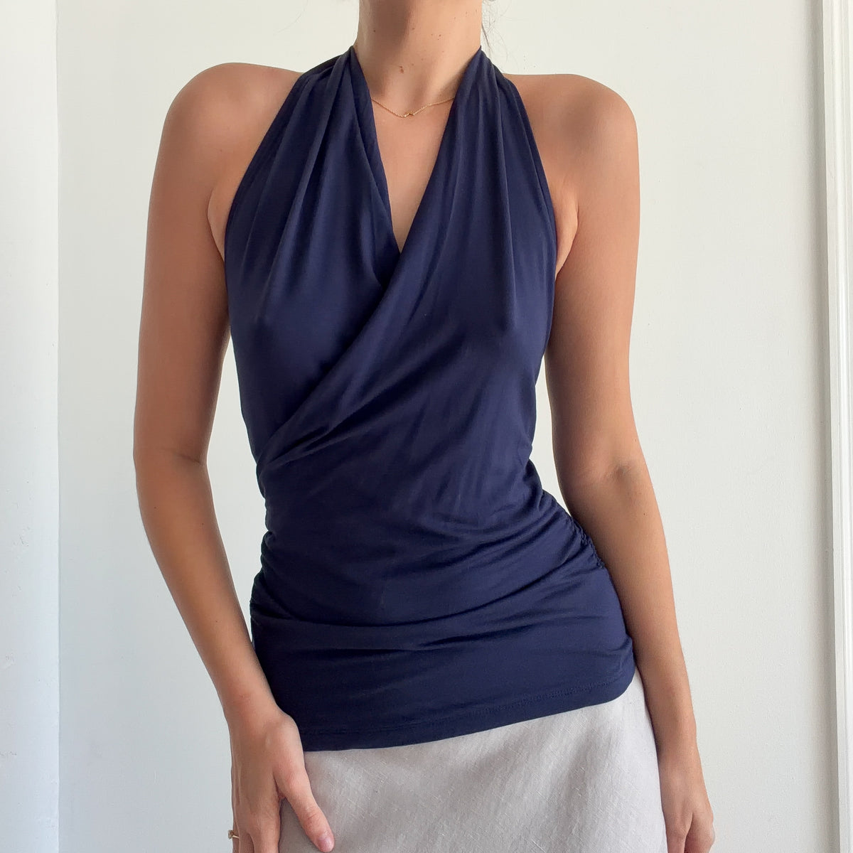 Y2K Navy Rayon Slouchy Halter Top / SZ S